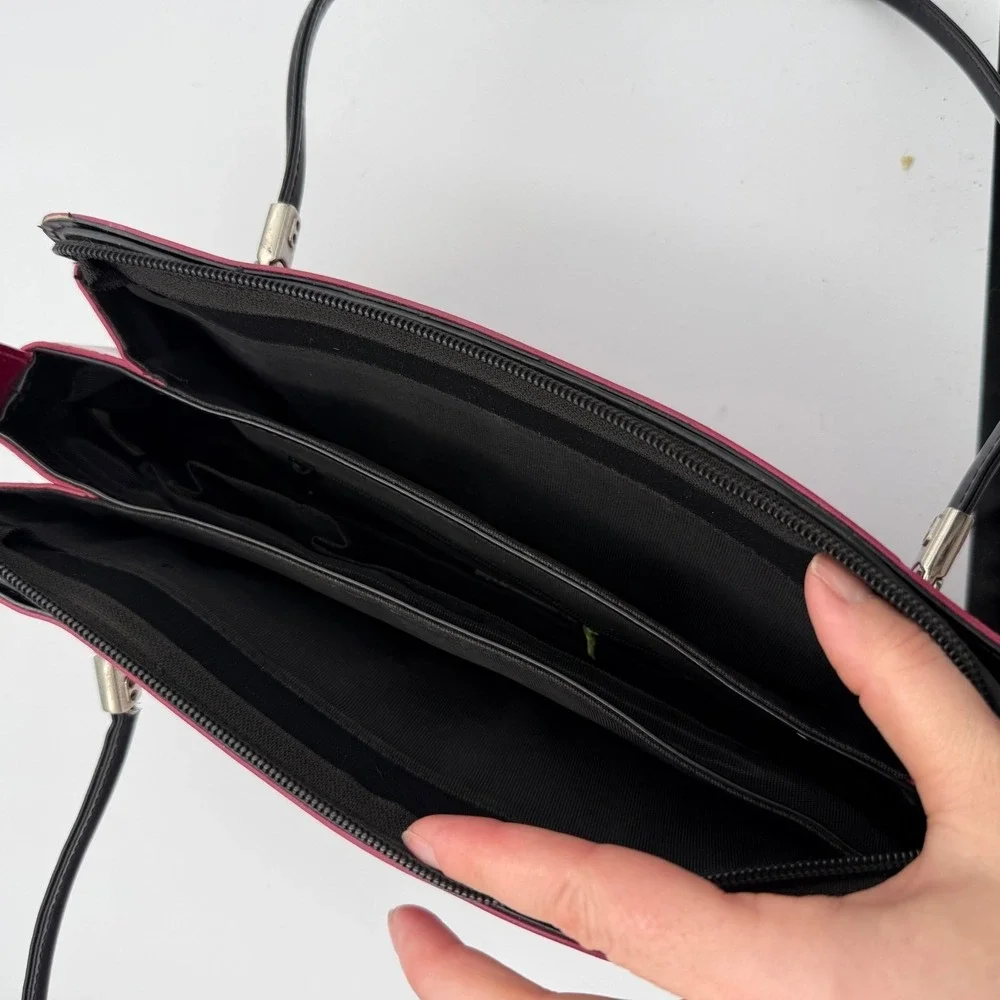 Y2K Beijo Patent Leather Shoulder Bag Hot Pink Black Top Zip Organizer Pockets